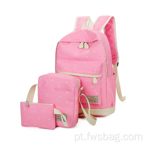 2022 Estilo coreano Pink Nylon School Backpack Conjunto 3 em 1 bolsa de livros impressa para meninas